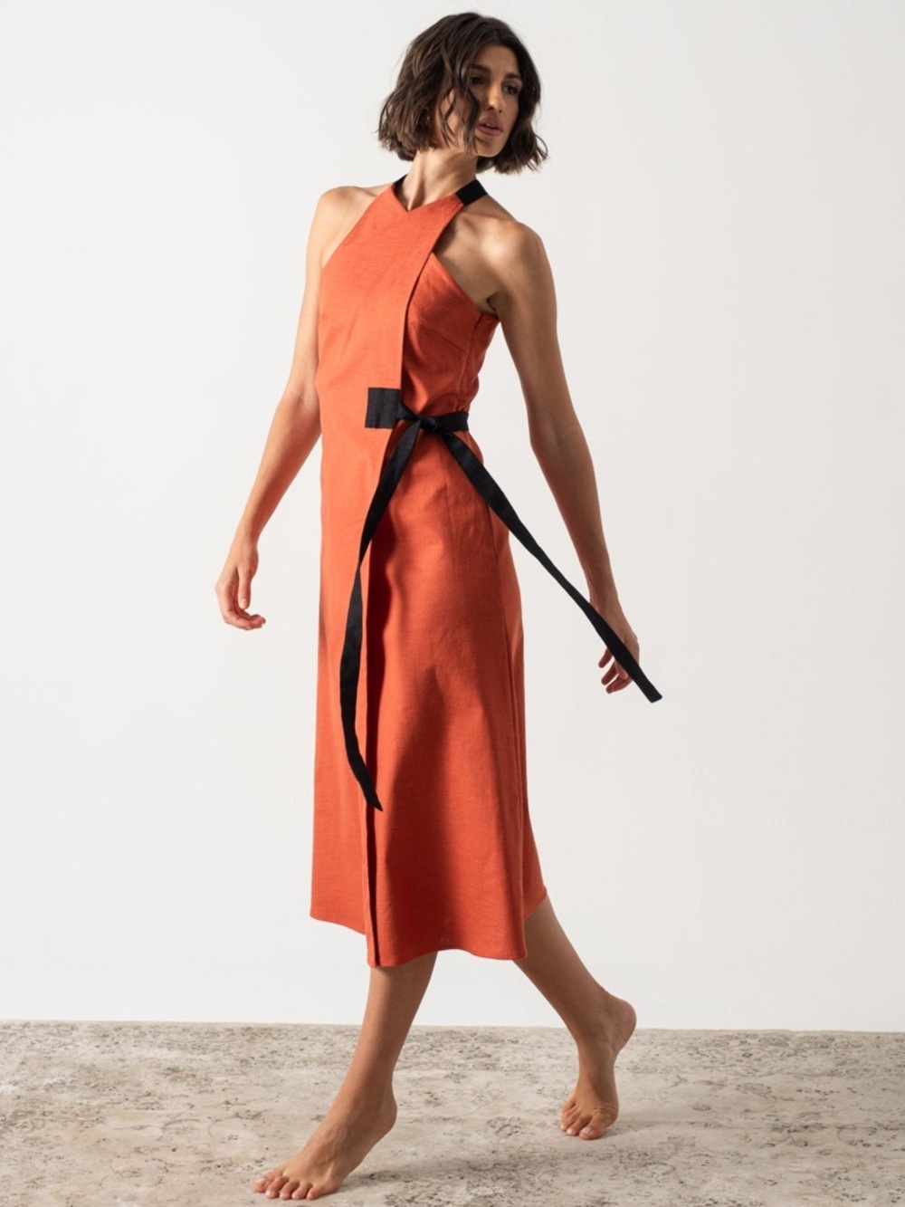 Luxmii Zulu Wrap Midi Dress in Copper Linen